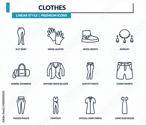 clothes icons set - slit skirt, wool gloves, wool boots, chino shorts, long sleeveless dress outline vector collection.