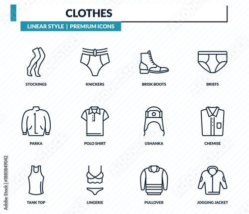 clothes icons set - stockings, knickers, brisk boots, chemise, jogging jacket outline vector collection.