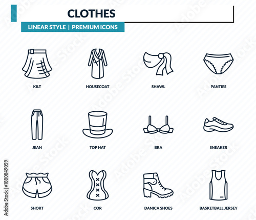 clothes icons set - kilt, housecoat, shawl, sneaker, basketball jersey outline vector collection.