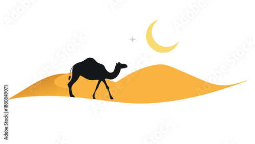 A silhouette of a single camel walking across a desert sand dune with a crescent moon in the sky