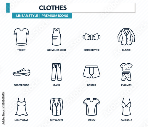 clothes icons set - t shirt, sleeveless shirt, butterfly tie, pyjamas, camisole outline vector collection.
