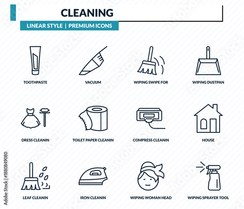 cleaning icons set - toothpaste, vacuum, wiping swipe for floors, house, wiping sprayer tool outline vector collection.