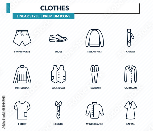 clothes icons set - swim shorts, shoes, sweatshirt, cardigan, kaftan outline vector collection.