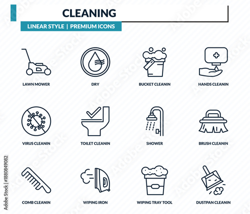 cleaning icons set - lawn mower, dry, bucket cleanin, brush cleanin, dustpan cleanin outline vector collection.