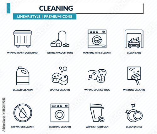 cleaning icons set - wiping trash container, wiping vacuum tool, washing hine cleanin, window cleanin, clean dishes outline vector collection.