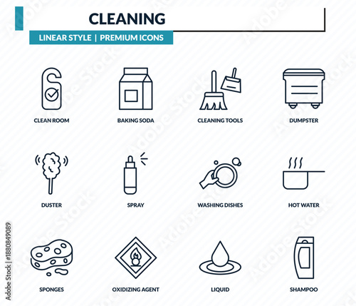 cleaning icons set - clean room, baking soda, cleaning tools, hot water, shampoo outline vector collection.