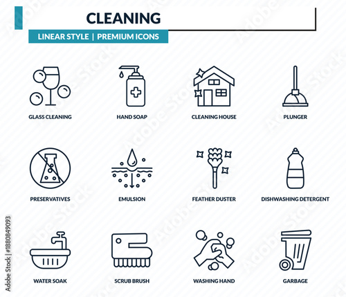cleaning icons set - glass cleaning, hand soap, cleaning house, dishwashing detergent, garbage outline vector collection.