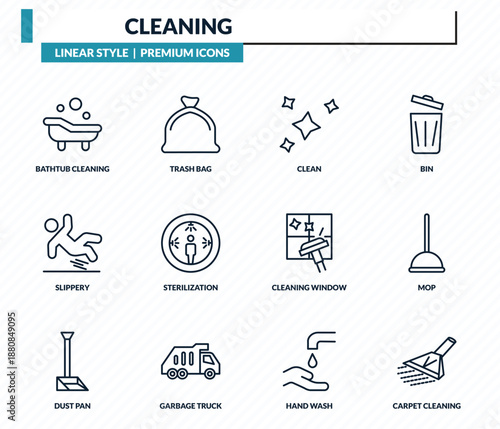 cleaning icons set - bathtub cleaning, trash bag, clean, mop, carpet cleaning outline vector collection.