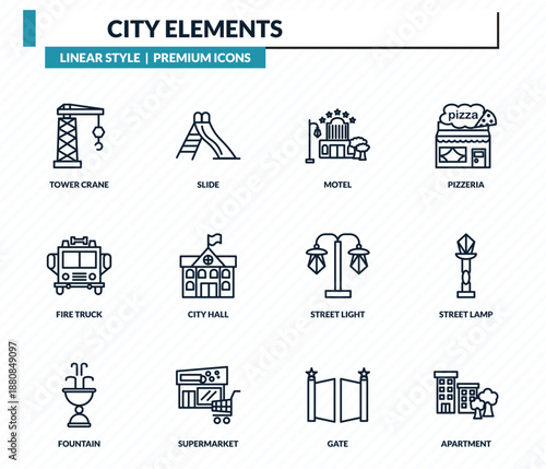 city elements icons set - tower crane, slide, motel, street lamp, apartment outline vector collection.