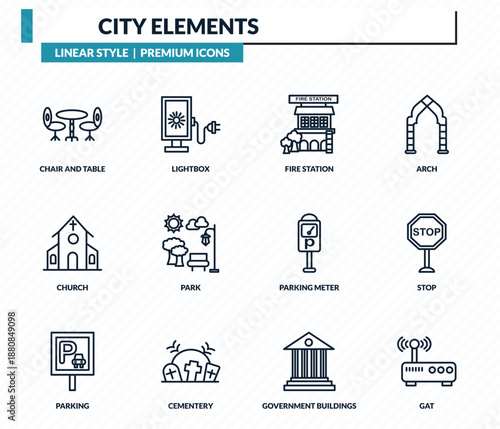 city elements icons set - chair and table, lightbox, fire station, stop, gat outline vector collection.