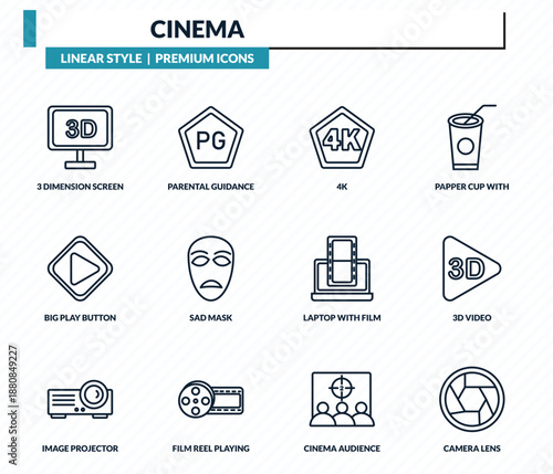 cinema icons set - 3 dimension screen, parental guidance, 4k, 3d video, camera lens outline vector collection.