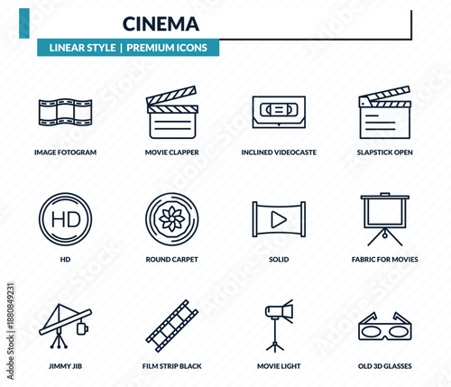 cinema icons set - image fotogram, movie clapper, inclined videocaste, fabric for movies, old 3d glasses outline vector collection.