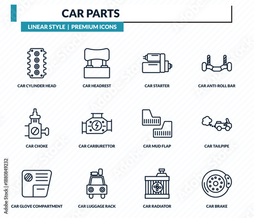 car parts icons set - car cylinder head, car headrest, starter, tailpipe, brake outline vector collection.