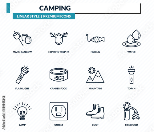 camping icons set - marshmallow, hunting trophy, fishing, torch, firewood outline vector collection.