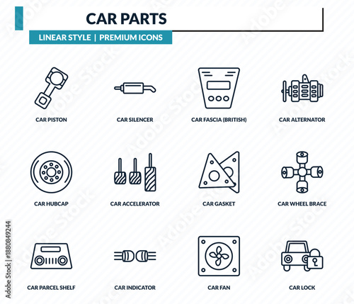 car parts icons set - car piston, car silencer, fascia (british), wheel brace, lock outline vector collection.