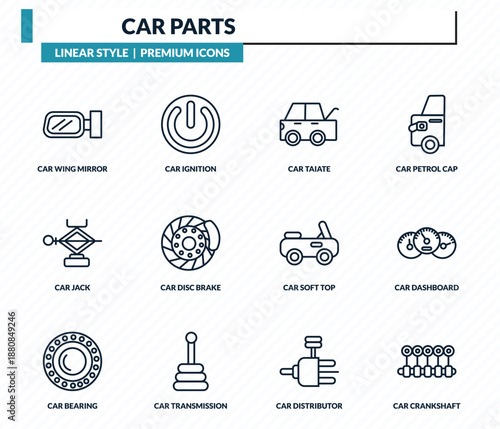 car parts icons set - car wing mirror, car ignition, taiate, dashboard, crankshaft outline vector collection.