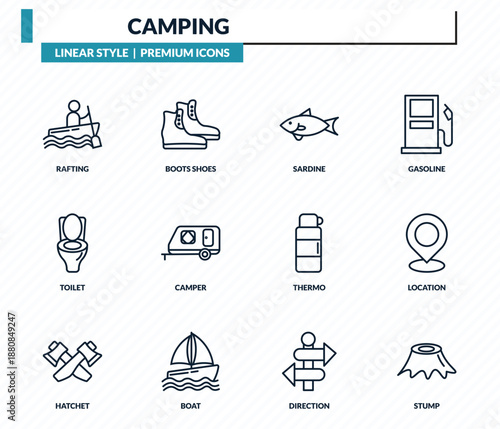 camping icons set - rafting, boots shoes, sardine, location, stump outline vector collection.