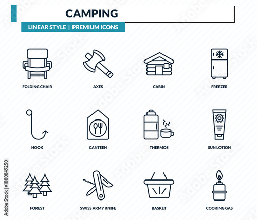 camping icons set - folding chair, axes, cabin, sun lotion, cooking gas outline vector collection.