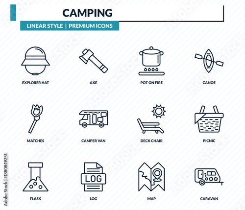 camping icons set - explorer hat, axe, pot on fire, picnic, caravan outline vector collection.