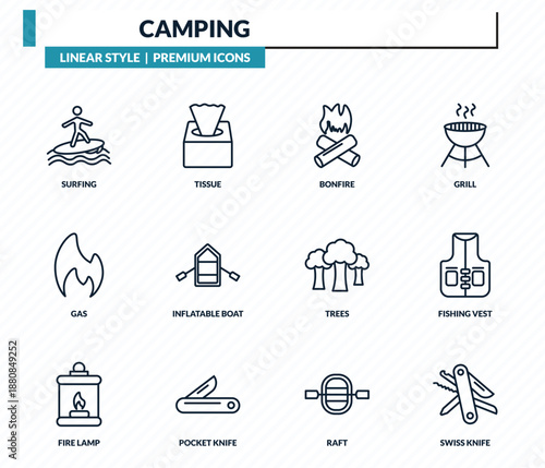 camping icons set - surfing, tissue, bonfire, fishing vest, swiss knife outline vector collection.