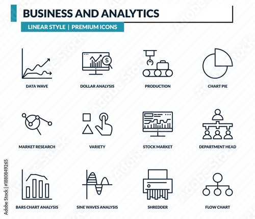 business and analytics icons set - data wave, dollar analysis bars, production, department head, flow chart outline vector collection.