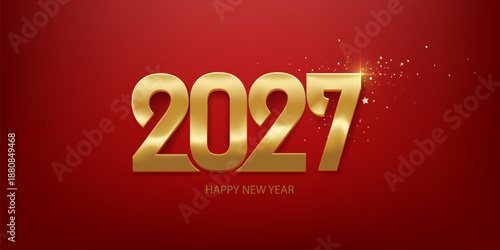 Happy New Year 2027. Golden 3D numbers with confetti on a red background. Holiday greeting card design.
