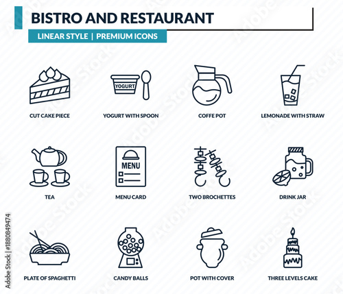 bistro and restaurant icons set - cut cake piece, yogurt with spoon, coffe pot, drink jar, three levels cake outline vector collection.