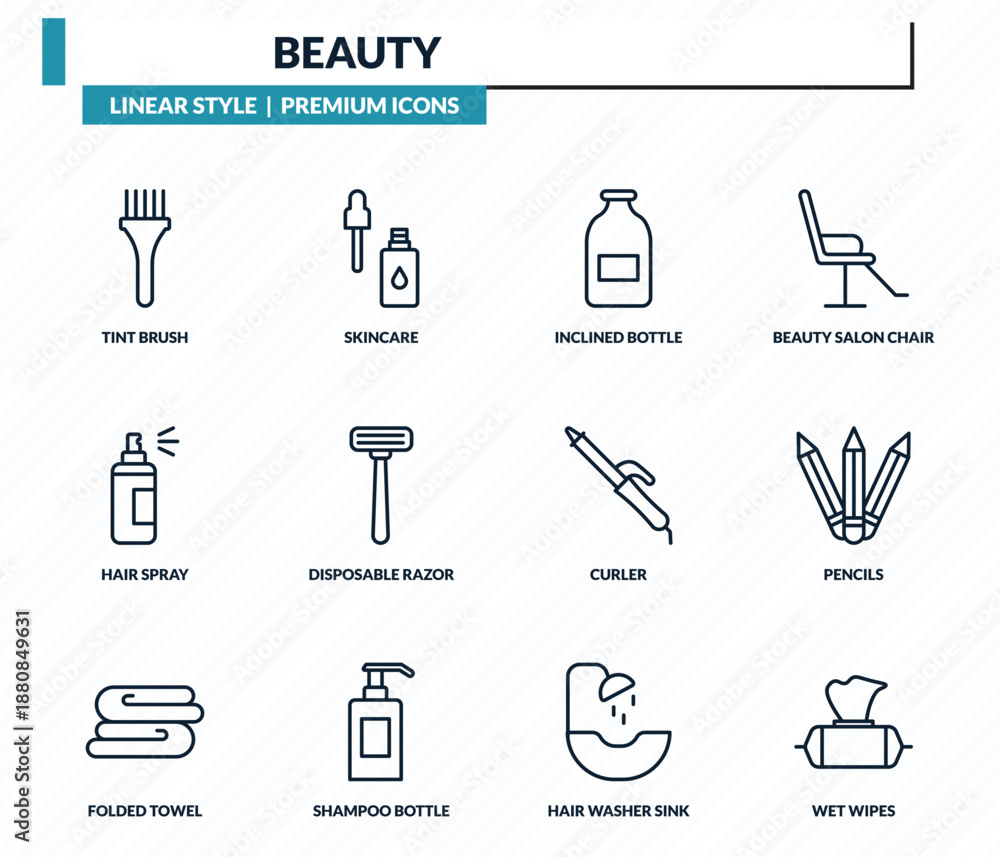 Obraz premium beauty icons set - tint brush, skincare, inclined bottle, pencils, wet wipes outline vector collection.