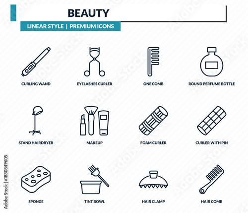 beauty icons set - curling wand, eyelashes curler, one comb, curler with pin, hair comb outline vector collection.