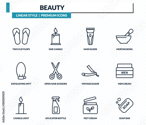 beauty icons set - two flip flops, one candle, hair razor, men cream, soap bar outline vector collection.