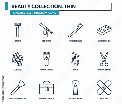 beauty collection. thin icons set - razor, pedicure, toothbrush, hair scissors, patches outline vector collection.