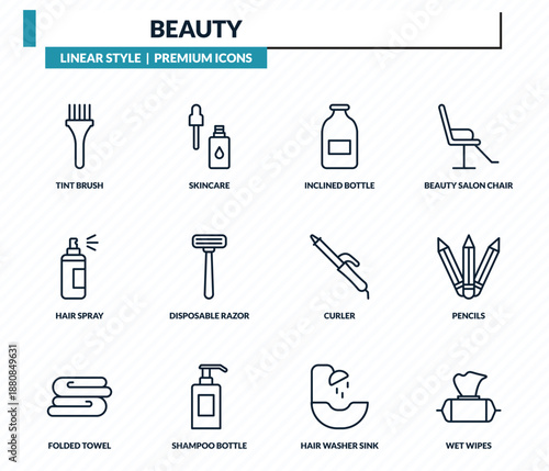 beauty icons set - tint brush, skincare, inclined bottle, pencils, wet wipes outline vector collection.