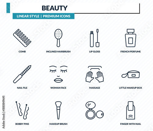 beauty icons set - comb, inclined hairbrush, lip gloss, little makeup box, finger with nail outline vector collection.