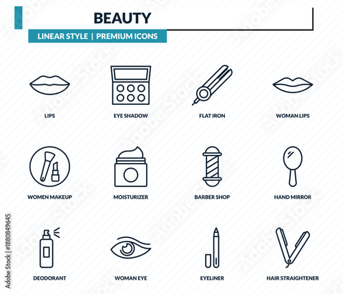 beauty icons set - lips, eye shadow, flat iron, hand mirror, hair straightener outline vector collection.