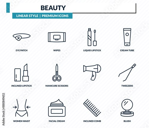 beauty icons set - eye patch, wipes, liquid lipstick, tweezers, blush outline vector collection.