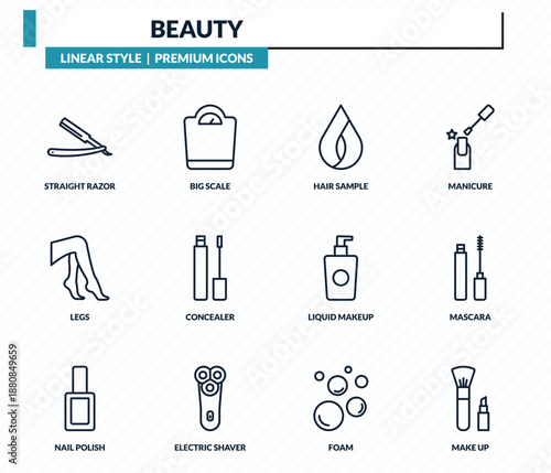 beauty icons set - straight razor, big scale, hair sample, mascara, make up outline vector collection.