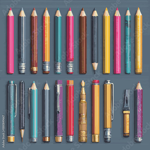 Generated on different kinds of set of pencils and pens, stationaries. Vector illustration