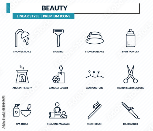 beauty icons set - shower place, shaving, stone massage, hairdresser scissors, hair curler outline vector collection.