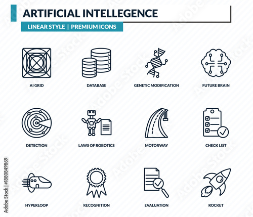 artificial intellegence icons set - ai grid, database, genetic modification, check list, rocket outline vector collection.