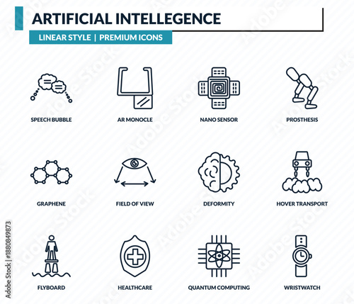 artificial intellegence icons set - speech bubble, ar monocle, nano sensor, hover transport, wristwatch outline vector collection.