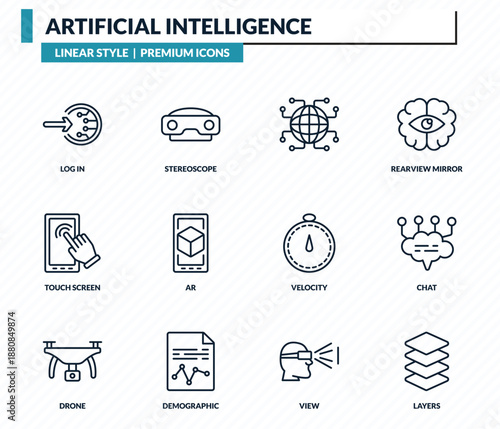 artificial intelligence icons set - log in, stereoscope, , chat, layers outline vector collection.