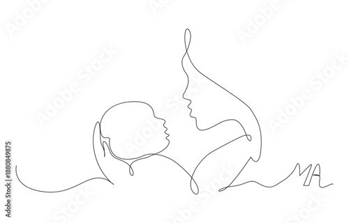 Mother and son line art writing ma, vector illustration, mothers day celebration background. 