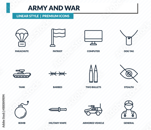 army and war icons set - parachute, patriot, computer, stealth, general outline vector collection.