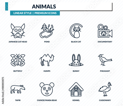 animals icons set - japanese cat head, pond, black cat, pheasant, cassowary outline vector collection.