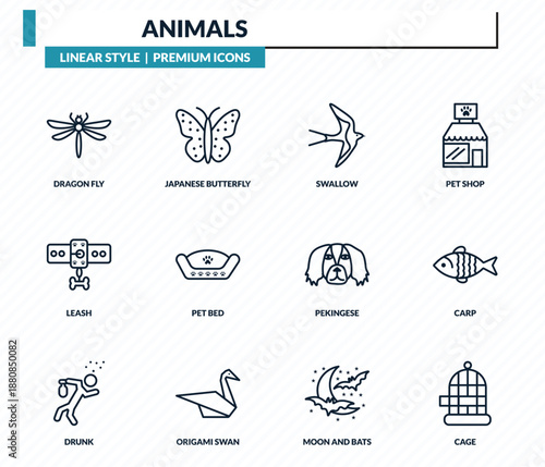 animals icons set - dragon fly, japanese butterfly, swallow, carp, cage outline vector collection.