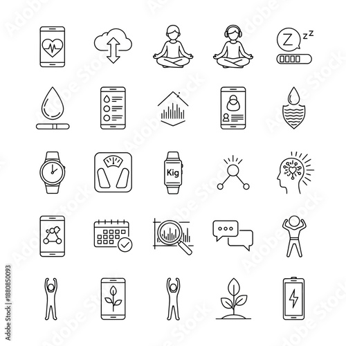 Collection of modern line icons for health, wellness, and technology