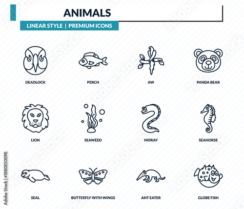 animals icons set - deadlock, perch, aw, seahorse, globe fish outline vector collection.