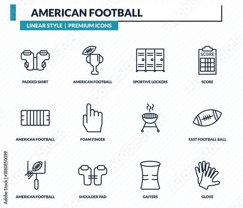 american football icons set - padded shirt, american football cup, sportive lockers, fast football ball, glove outline vector collection.