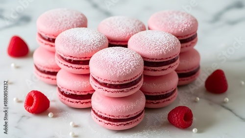 Wallpaper Mural Delicious pink macarons with raspberry filling and fresh raspberries on a marble surface Torontodigital.ca