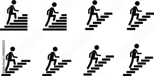 Stick figure climbing stairs icon set, success concept, progress steps, career growth, motivation, business achievement, vector illustration collection